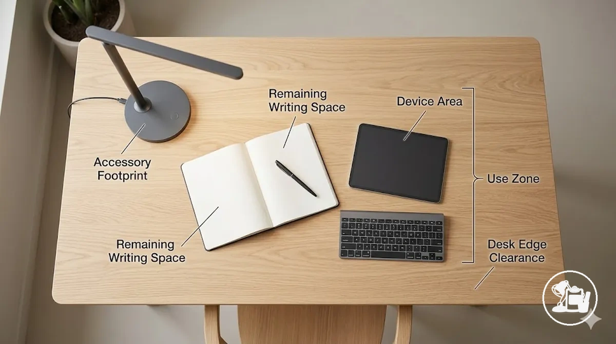 Superfície da mesa mostrando a área ocupada pelo acessório e a área de trabalho restante.
