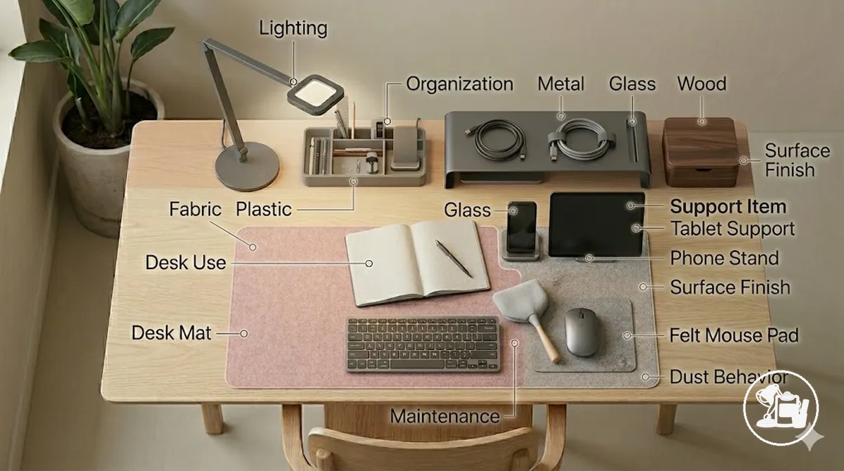 Diferentes materiais de acessórios da mesa de estudos com considerações de limpeza