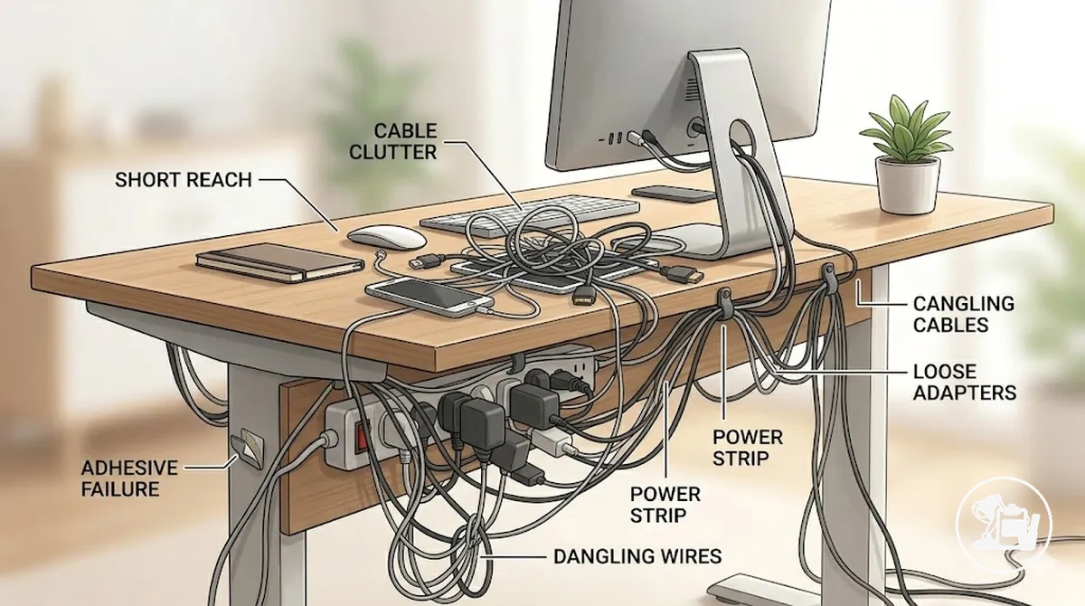 Ilustração de problemas comuns com cabos de mesa mostrando acúmulo, cabos pendurados, alcance curto, adaptadores soltos e falha adesiva com direções sugeridas de acessórios