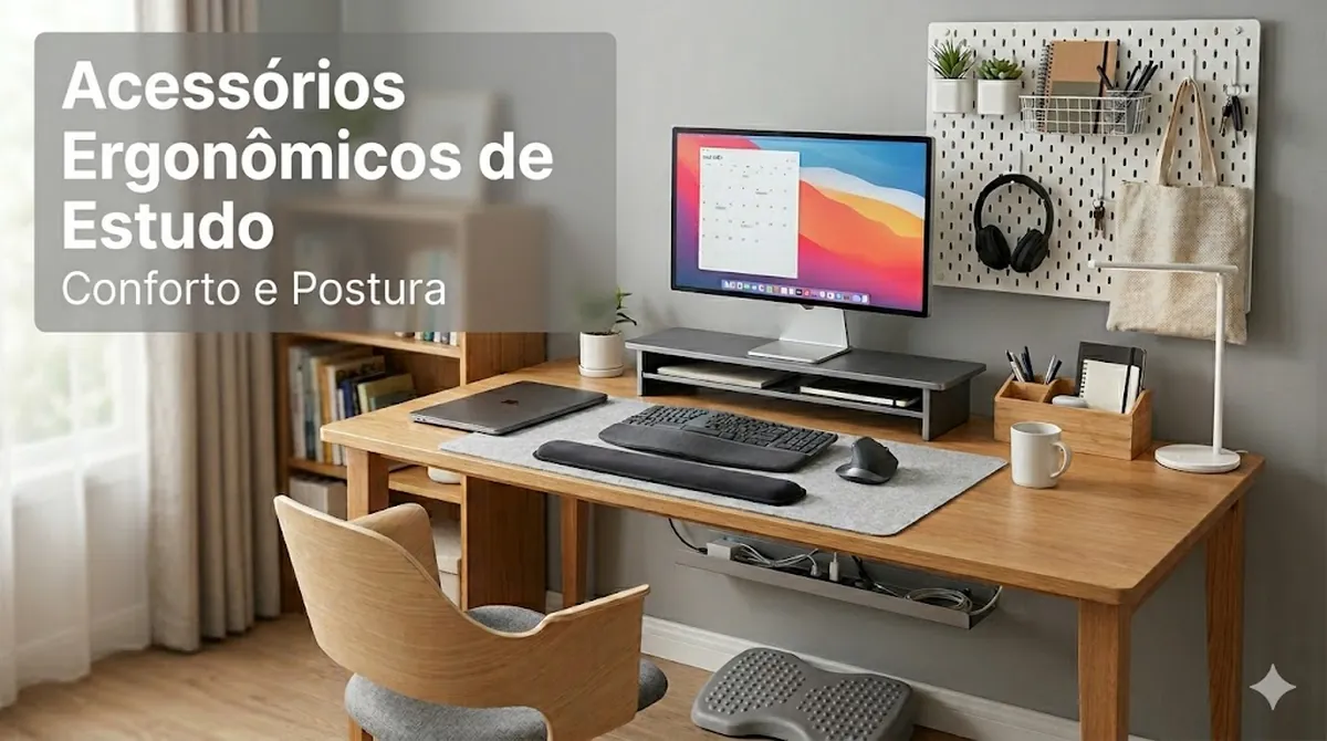 Acessórios ergonômicos para mesa de estudos posicionados para conforto, postura e uso da mesa