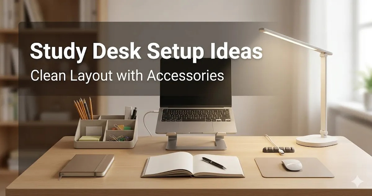 Ideias de mesa de estudos limpa com acessórios de organização, iluminação e controle de cabos