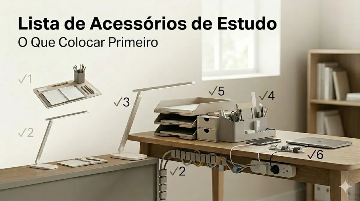 Lista visual de acessórios para mesa de estudos priorizados para um espaço funcional