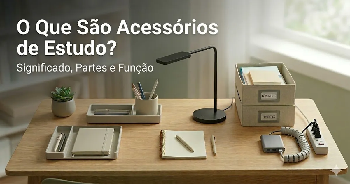Acessórios básicos para mesa de estudos com organizadores, iluminação, armazenamento e controle de cabos