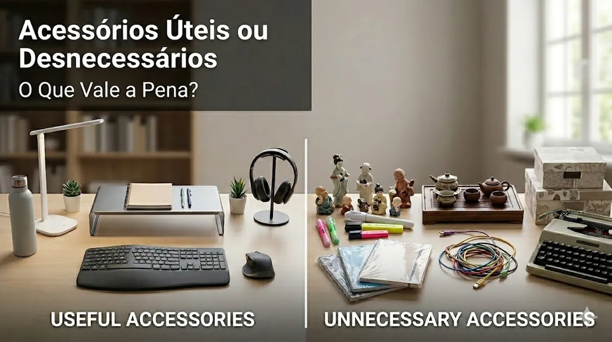 Comparação de acessórios úteis e desnecessários para mesa de estudos em uma mesa limpa
