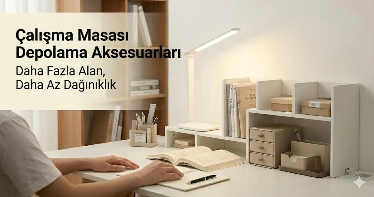 Raf, çekmece ve düzenleyicilerle daha fazla çalışma alanı sağlayan çalışma masası depolama aksesuarları