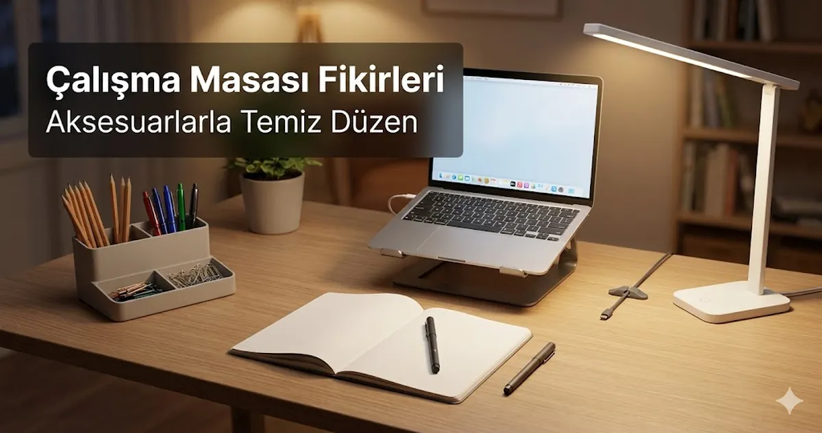 Düzenleme, aydınlatma ve kablo kontrolü aksesuarlarıyla temiz çalışma masası düzeni fikirleri