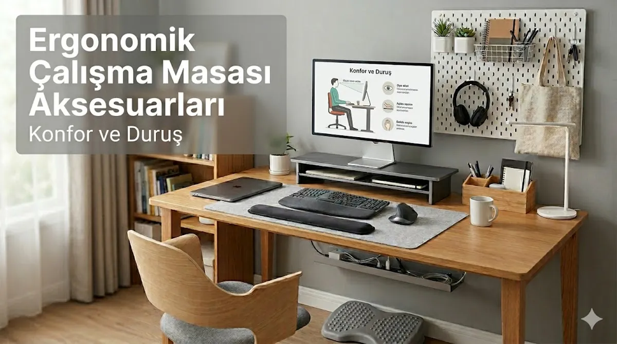 Konfor, duruş ve daha rahat masa kullanımı için yerleştirilmiş ergonomik çalışma masası aksesuarları