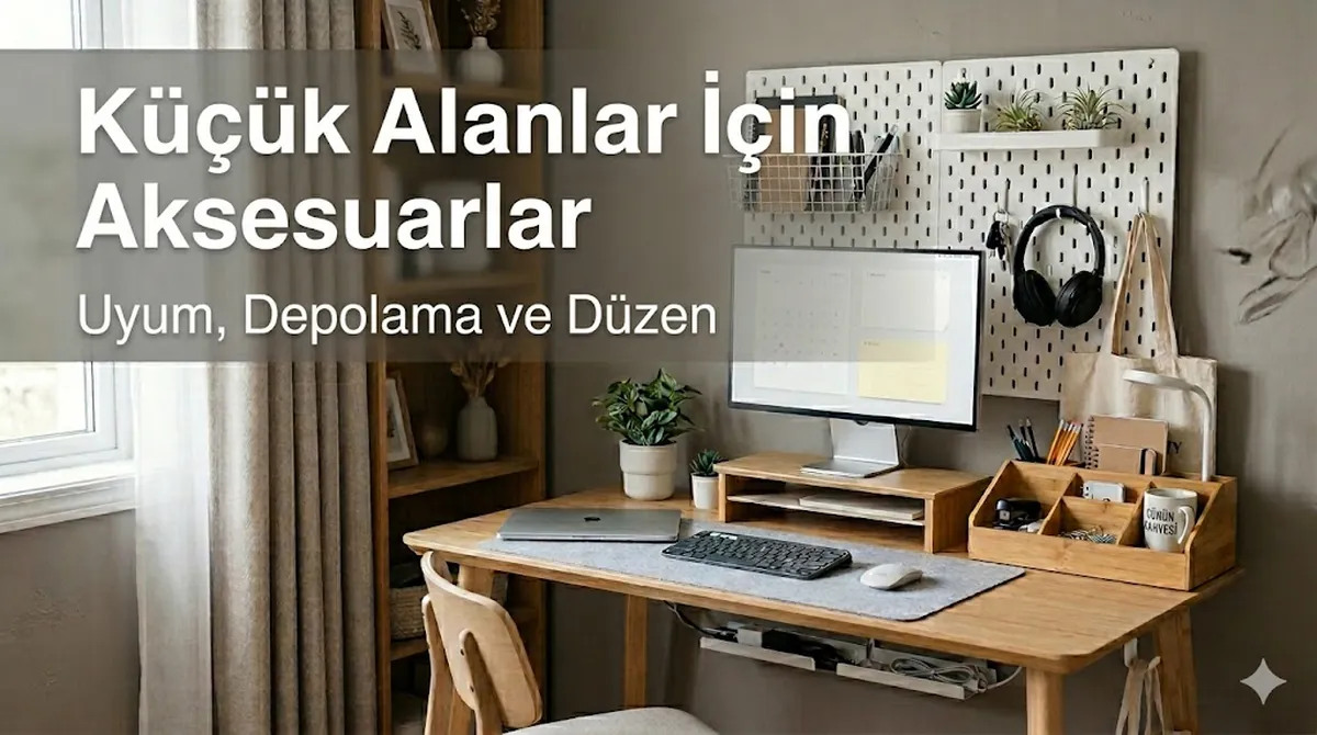 Küçük bir masa alanına yerleştirilmiş kompakt çalışma masası aksesuarları, depolama ve düzenleme ürünleri