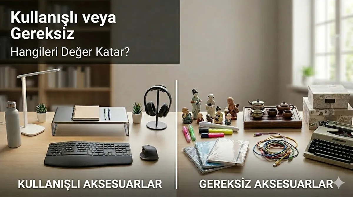 Temiz bir masa düzeninde karşılaştırılan kullanışlı ve gereksiz çalışma masası aksesuarları