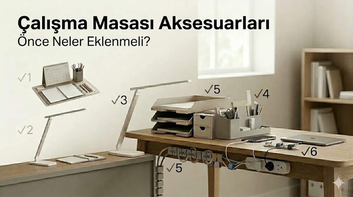 İşlevsel bir masa düzeni için öncelik sırasına konmuş çalışma masası aksesuarları listesi