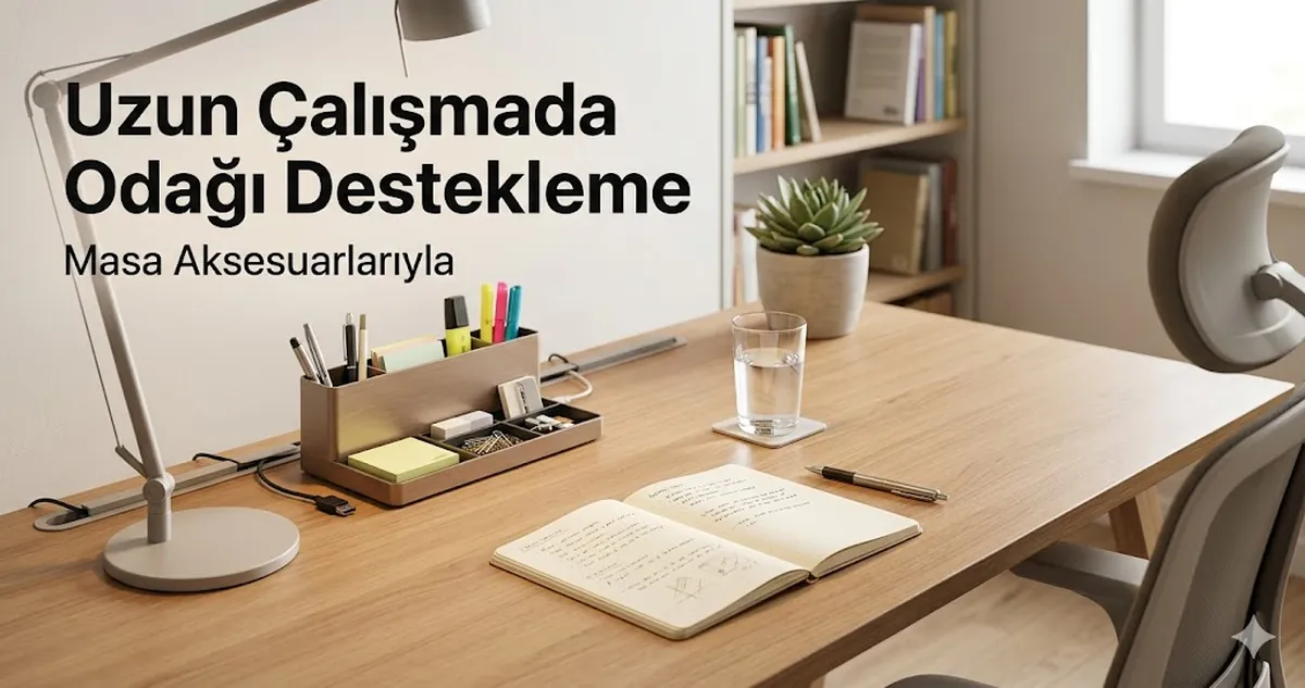 Uzun bir çalışma oturumunda odağı desteklemek için yerleştirilmiş çalışma masası aksesuarları
