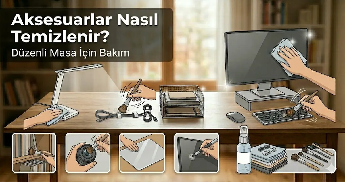 Düzenli ve uzun ömürlü bir masa düzeni için temizlenen ve korunan çalışma masası aksesuarları